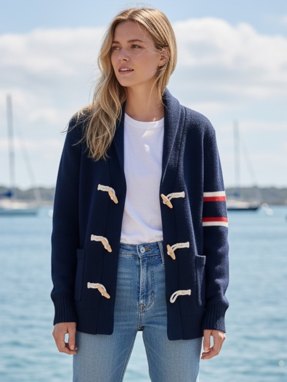 navy blue women's cardigan sweater a shawl collar, toggle button closures